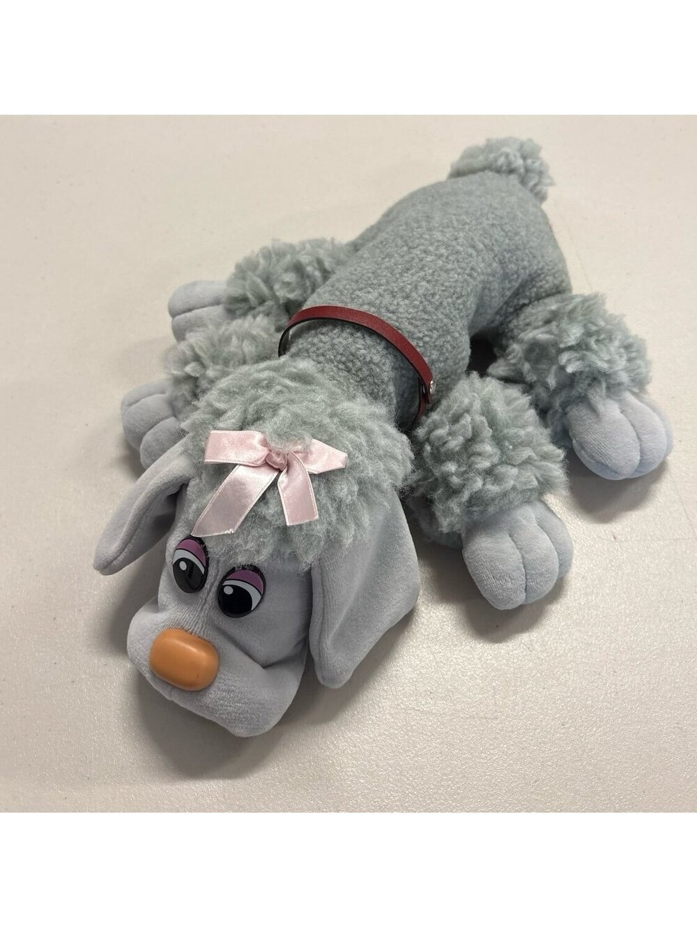 Vintage Tonka Pound Puppies Furries Gray Poodle Plush Dog 1985 Pink Bow Collar